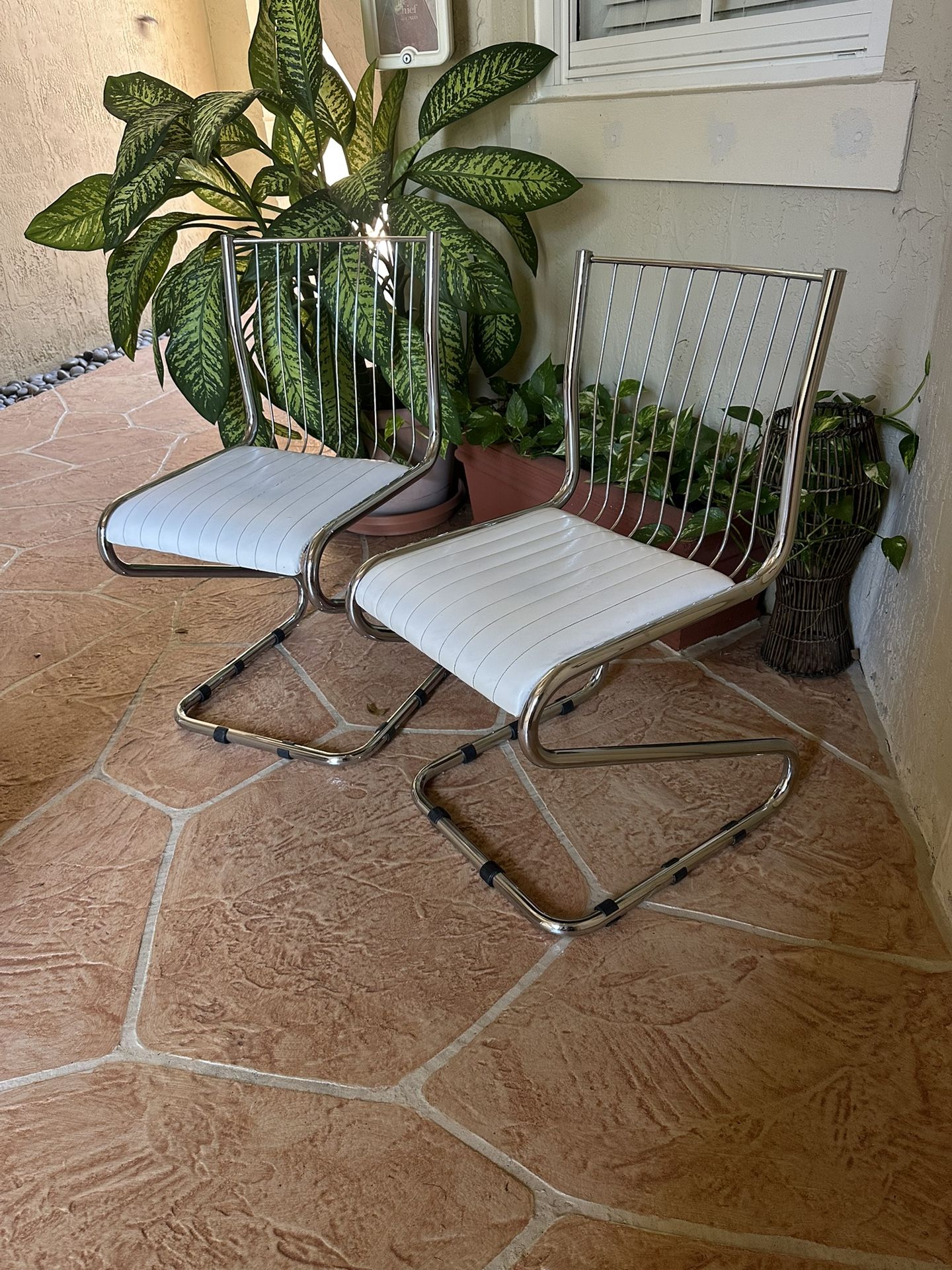 Vintage 70s Set 2 Chrome Chairs with White Faux Leather Seat