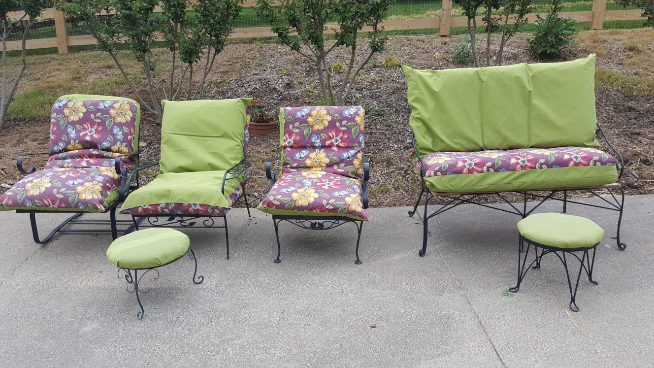 3 wrought iron chairs and 1 setee with 8" cushions