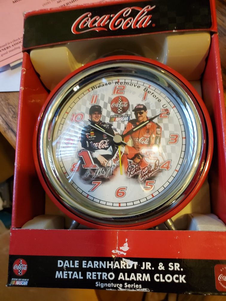 Coca cola nascar dale Earnhardt jr & sr metal retro alarm clock NIB