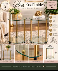 Set of 2 Gold & Glass Round End Tables – $45.00 for the Pair