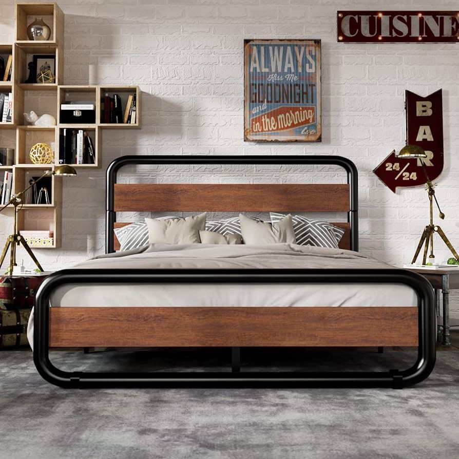 Full Size Metal Bed Frame with Round/Curved Wooden Headboard and Footboard, Platform Bed Frame with Under Bed Storage, Strong Metal Slat Support, No B