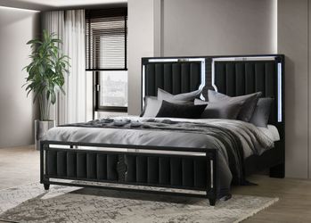 Ravenne Black Velvet Upholstered Eastern King LED Panel Bed