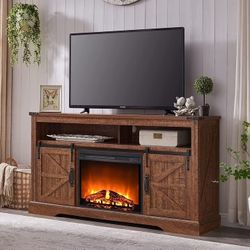 OKD Farmhouse Fireplace TV Stand up to 70", Entertainment Center with 23" Fireplace & Open Storage Shelves for Living Room, Reclaimed Barnwood