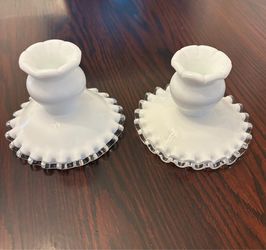 Pair Fenton White Milk Glass Silver Crest Ruffled Candlestick Holders Set of 2