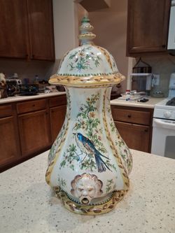Italian Ornate hand-painted porcelain vessel with lid and grotesque spout.