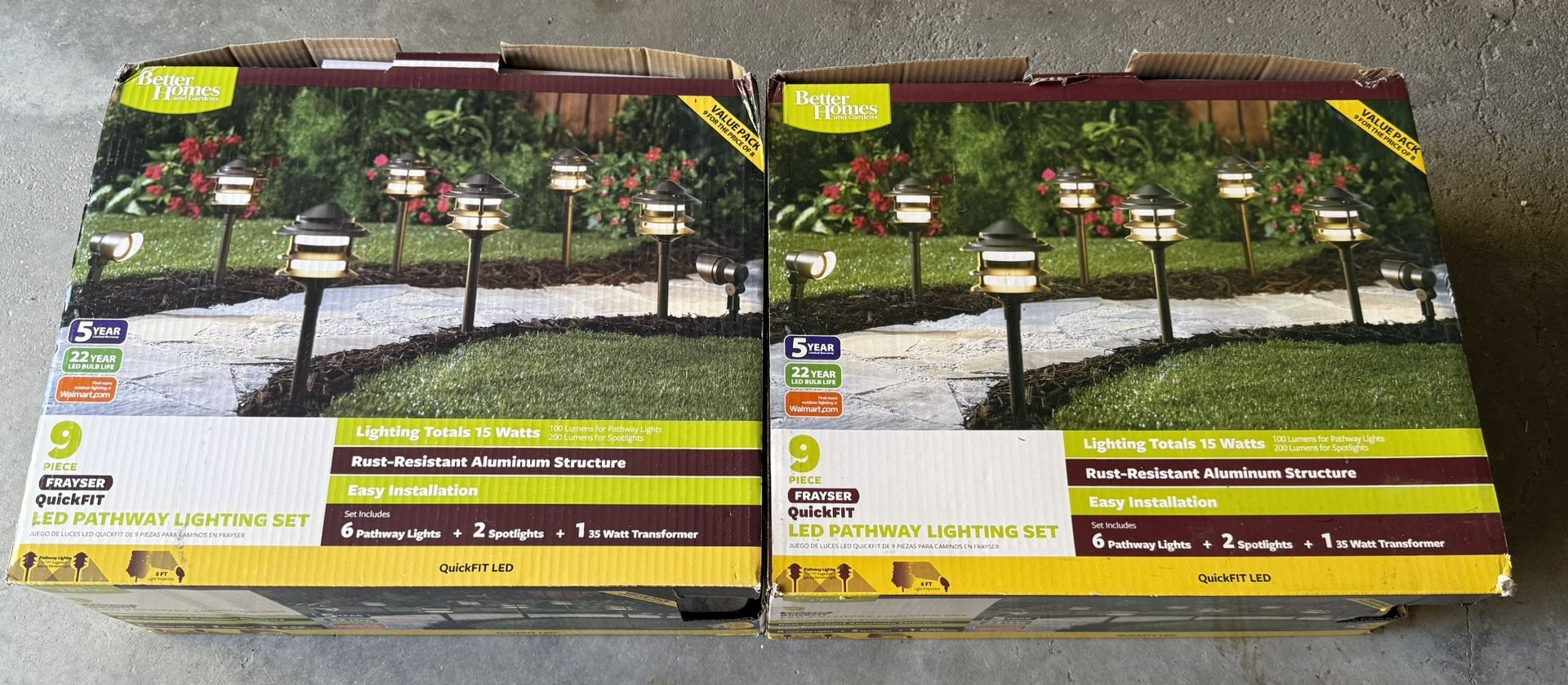 2 sets of Better Homes & Gardens Frayser 9-Piece QuickFIT LED Pathway Lighting Set. (NOT SOLAR)