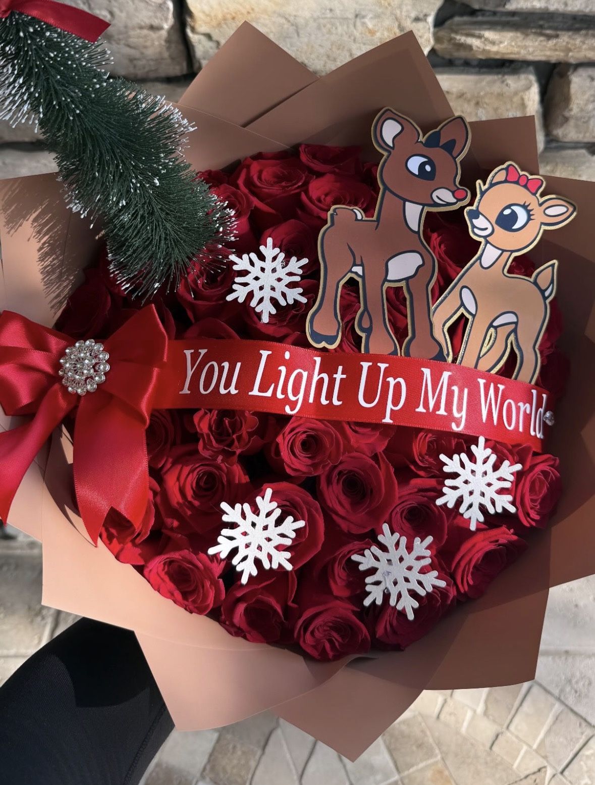 Reindeer red rose bouquet