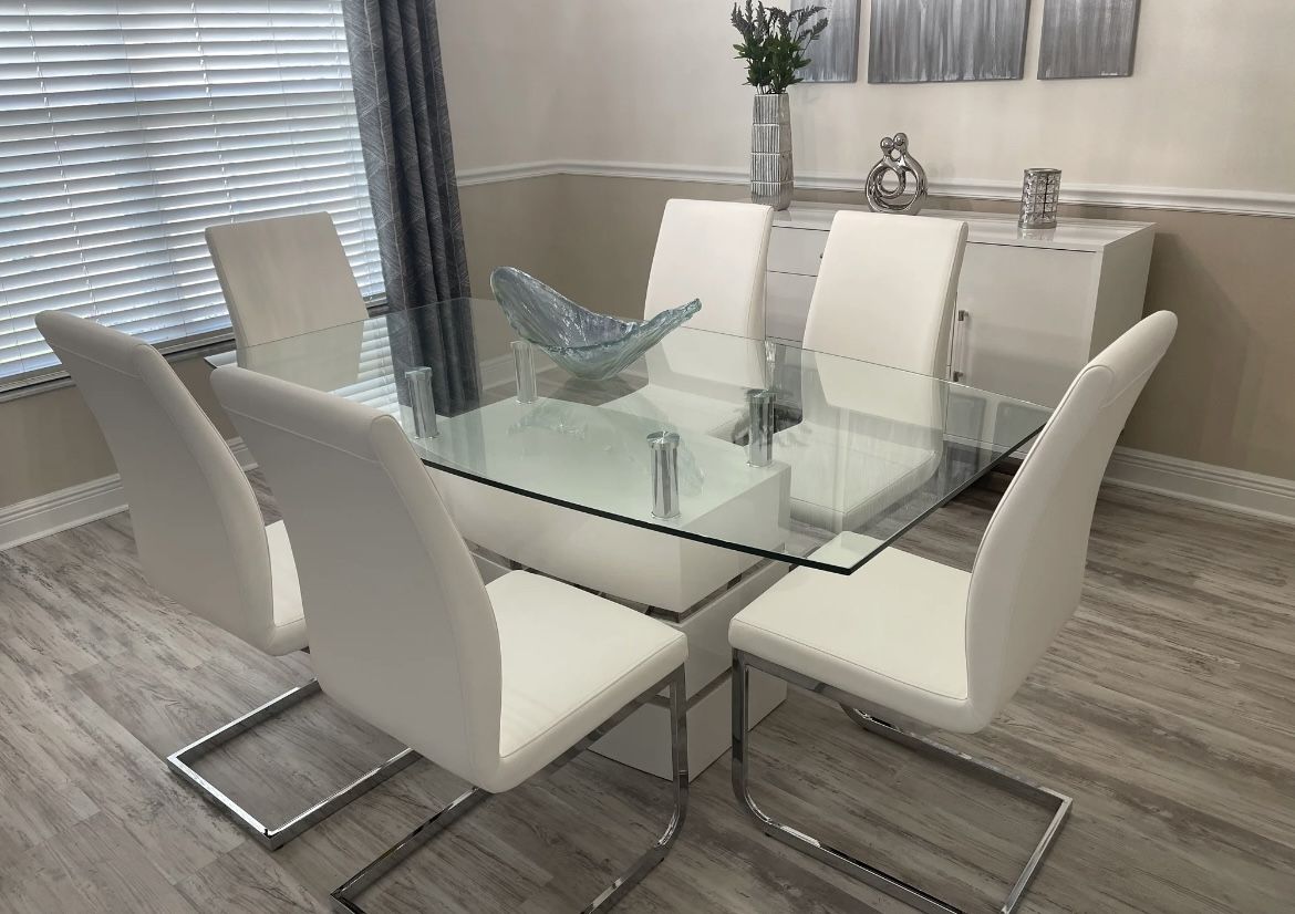 Glass Dining Table + 6 White Chairs