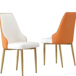 Dining Chair With PU Leather White Solid Wood Metal Legs 