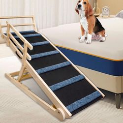 ooden Dog Ramp for Bed - 5 Level Adjustable Wooden Ramp for Dog Extra Wide Doulbe Anti-Slip Dog Ramp for High Bed 17.7 Inches in Width