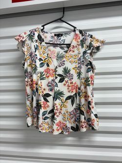 New Look Women’s L White Floral V-Neck Ruffle Short Sleeve Blouse Top
