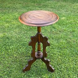 Vintage Carved Wood Round Accent Side Table Pedestal Stand