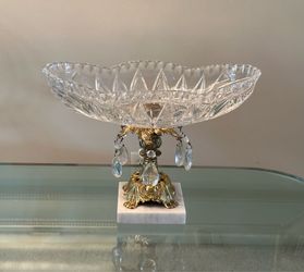 Large Vintage Hollywood Regency Crystal Cut Glass Bowl Ornate Brass Marble Base Centerpiece