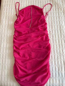 New Hot Pink Ruched Mini Dress with Rhinestone Detail