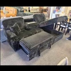 Black Color Reversible Pull Out Sofa With Ottoman