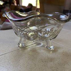 Vintage Heavy Etched Glass Candy Dish- Inside Silver Etching Design