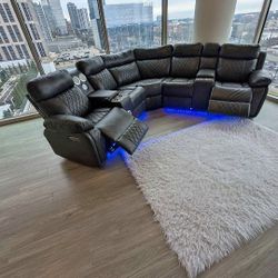 Gray Or Brown Leather Power Recliner Sectional w Bluetooth Speaker & Phone Charger