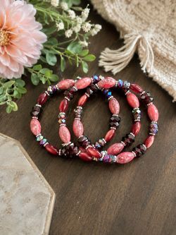 3 Pink/Maroon Stretchy Beaded Bracelet Set