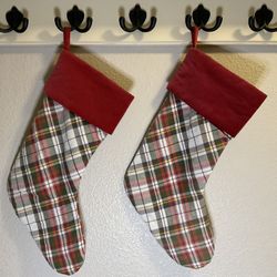 POTTERY BARN Christmas / Holiday Plaid Stockings With Red Cuffs (Set Of 2) 