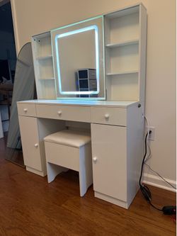 White Vanity Desk with LED Mirror and Storage Stool