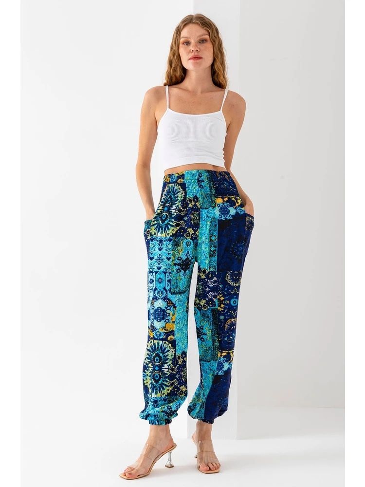 🧿Blue Ethnic Print Women’s Harem Yoga Pants – 100% Viscose – Double Pocket 