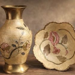 Vintage hand-painted brass vase and trinket dish