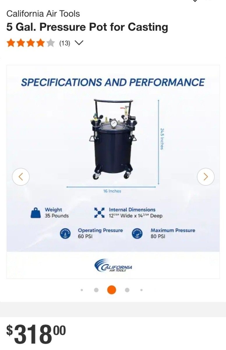 California Air Tools 5 Gal. Pressure Pot for Casting $190