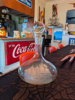 Vintage mid century etched glass alcohol decanter, vintage barware, booze bottle nautical decor, sailing ship, retro bar decor