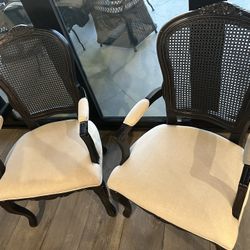 Pair Of Linen Seat And Arm Chairs With Cane Back