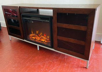 65 INCH WOOD FIREPLACE TV STAND/ ENTERTAINMENT STAND!! (ALSO HAVE 70” SAMSUNG 4K SMART!!)