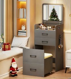 3 in 1 Vanity Desk with Plip Top LED Mirror,Small Dressing Table Set with Visible Glass Desktop. (Cash only).