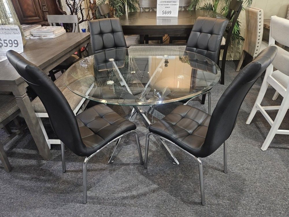 Brand New 45" Round Glass Dining Table + 4 Black Faux Leather Chairs