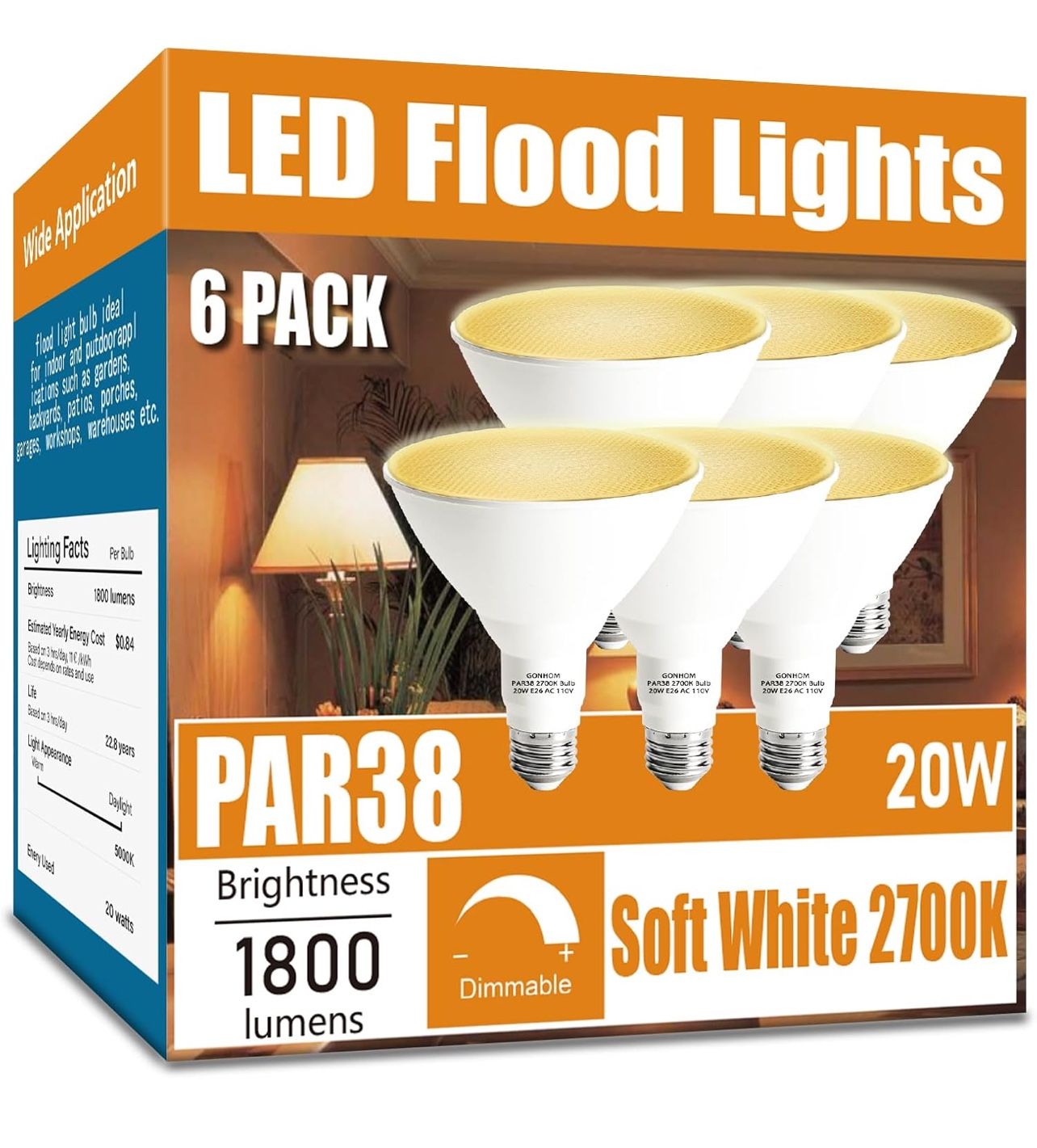 Par38 LED Flood Light Bulbs Outdoor 6 Pack, Dimmable Soft White 2700K, 20W Replace up to 200W, 1800LM, E26 Base Outdoor Flood Light Bulbs for Backyard