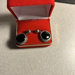 Excellent Silver Two Black Hanging Earrings