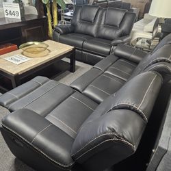 Brand New Black Bonded Leather Manual Reclining Sofa + Loveseat 2PCs Set