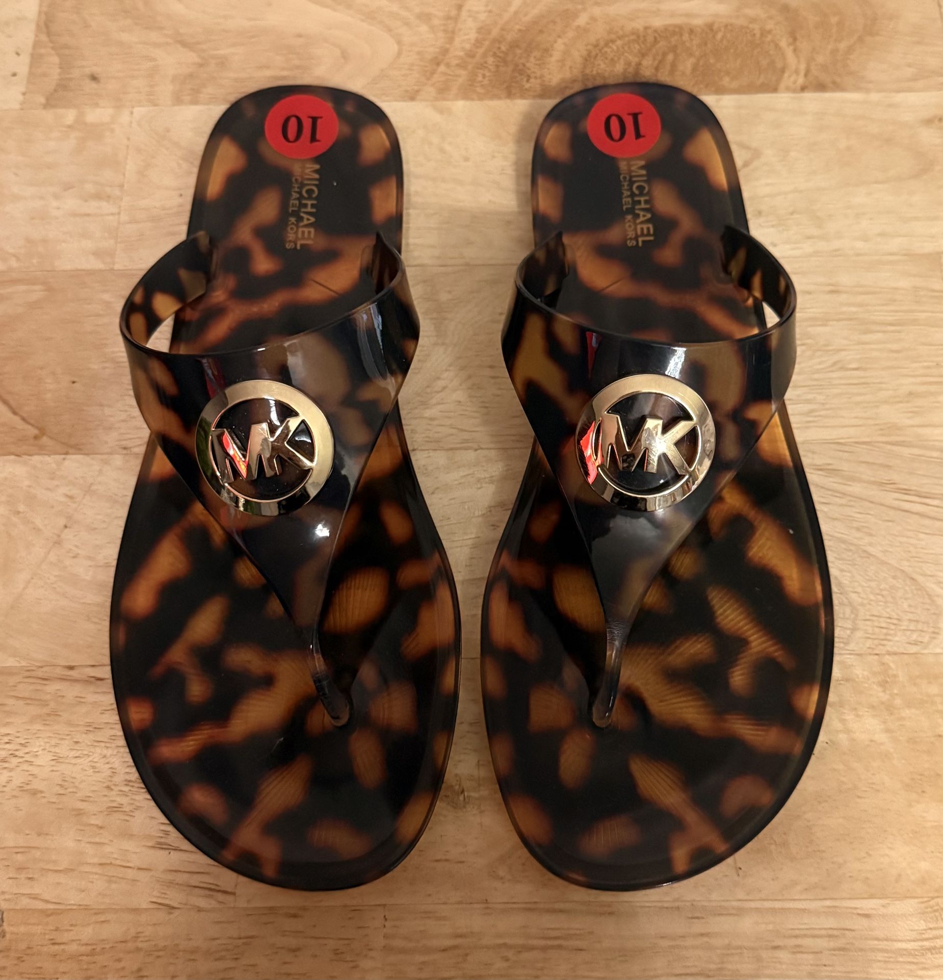 Women MK Michael Kors Lillie Jelly Thong Flat Slide Sandals PVC Leopard Brown Size 10