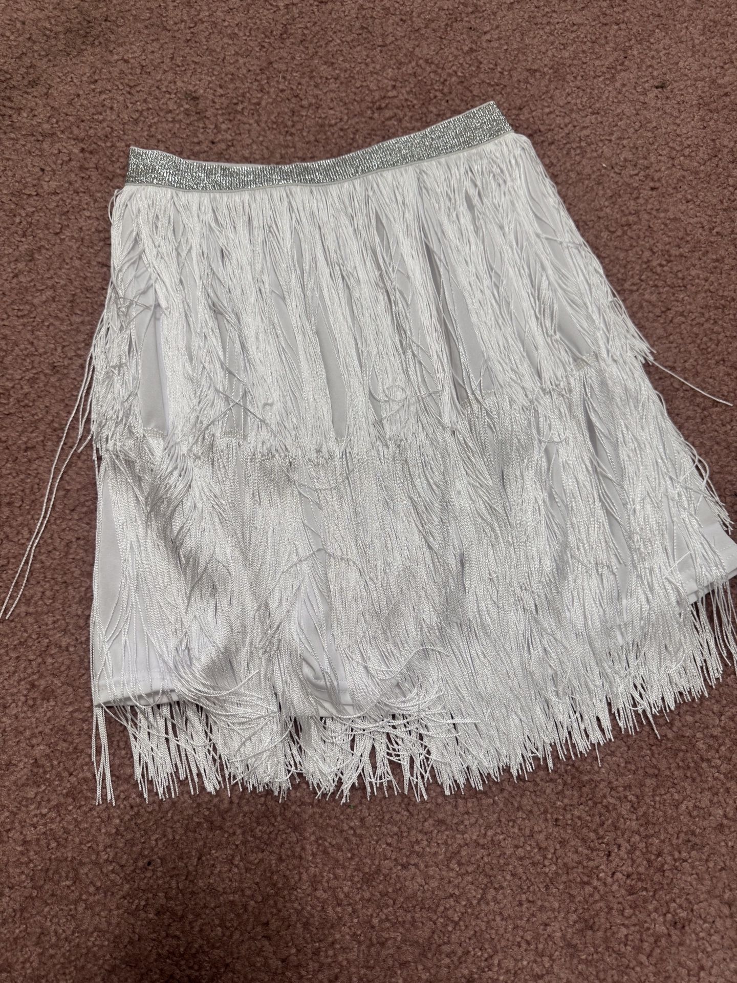 New Xs White Fringe Short Boho Stretchy Festival Skirt Mini