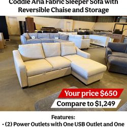 Coddle Aria Fabric Sleeper Sofa with Reversible Chaise and Storage