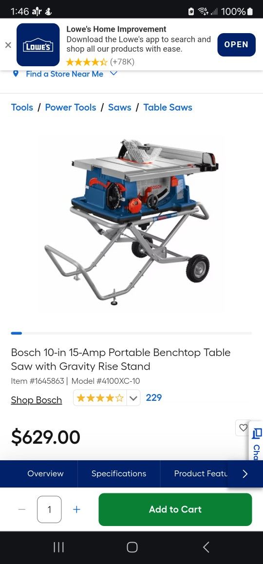 Bosch 10-in 15-Amp Portable Benchtop Table Saw with Gravity Rise Stand

