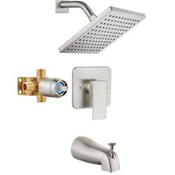 Heyalan 8-Inch Shower Faucet Set with Tub Spout and Valve,Brushed Nickel bath tub faucet set,ingle Handle Square Rainfall Shower Head,Male Threads Rou