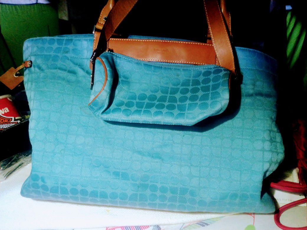 Kate Spade turquoise canvas and leather tote. 