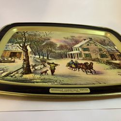 Vintage Pair of Americana Metal Trays - Currier & Ives Winter Scene + Miller High Life Declaration of Independence - $30 OBO