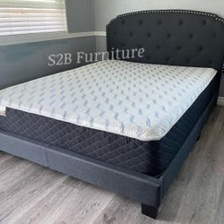 Queen Grey Burlap Tufted Bed With Ortho Mattress Included 