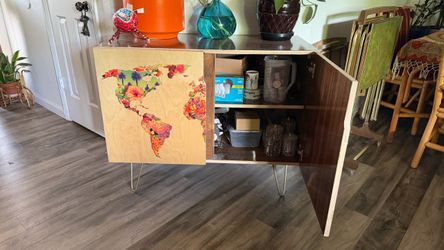 Wood Cabinet with World Map Door Art
