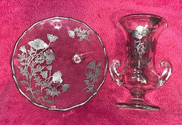 Vintage Silver City Glass Co. Sterling Silver Overlay 6.5” Handled Vase and 7.5” Footed Plate RARE!