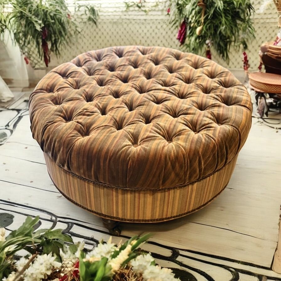 Custom Pacific Design Center French Traditional Old World Brown Stripped Ottoman Chair
