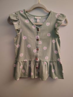 Cat & Jack Girls L 10/12 Sage Green Daisy Floral Ruffle Peplum Top