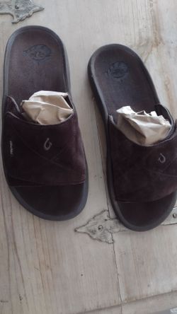 Olukai brown adjustable mens slides