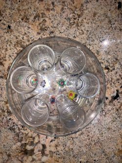 Color coordinated set of glass ice bucket/ container with six Shot glasses