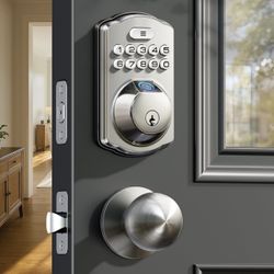Fingerprint Door Lock with 2 Knobs - Keyless Entry Door Lock with Handle, Electronic Keypad Deadbolt, Smart Front Handle Set, Auto-Locking, Waterproof